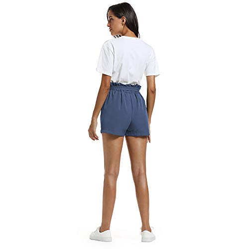 NEWFANGLE Women\'s Casual Paper Bag Shorts Elastic Tie Waist with Pocket Comfy Summer Shorts for Women,Blue-Gray,XL