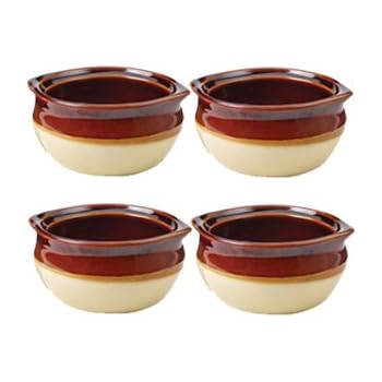 Porcelain Ceramic Onion Soup Crock Bowl, Small 10 Ounce, Set of 4, Brown and Beige