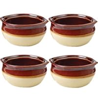 Porcelain Ceramic Onion Soup Crock Bowl, Small 10 Ounce, Set of 4, Brown and Beige