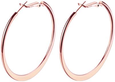 18K Rose Gold Polished Flattened Big Hoop Earrings with Omega Backs, thick 2-mm round 2" (LARGE)
