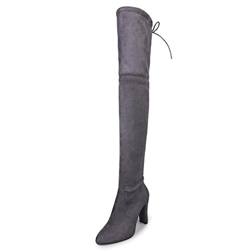Tenworld Women's Faux Leather Thigh High Over The Knee Chunky Heel Long Boots (6.5, Gray)