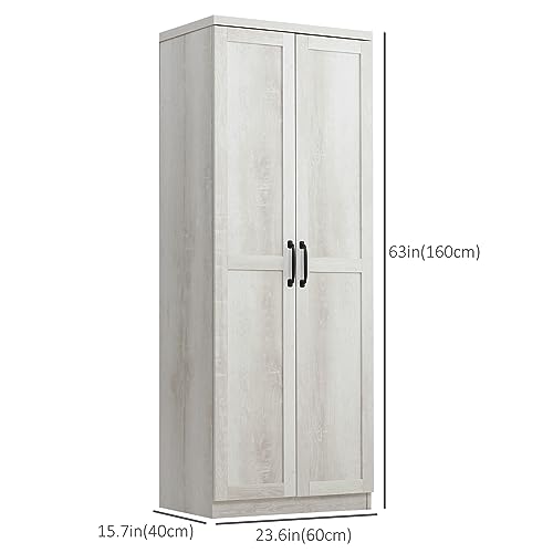 HOMCOM 63" Kitchen Pantry Cabinet with Shaker Doors, Modern Freestanding Tall Buffet Storage Cabinet with Adjustable Shelves, Distressed White