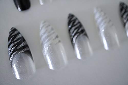 EDA LUXURY BEAUTY SILVER WHITE BLACK ANIMAL PRINT FRENCH GLAMOROUS DESIGN Full Cover Press On Artificial Tips Acrylic False Nails Extra Long Pointed Ballerina Almond Stiletto Super Fashion Fake Nails 3 EDA LUXURY BEAUTY SILVER WHITE BLACK ANIMAL PRINT FRENCH GLAMOROUS DESIGN Full Cover Press On Artificial Tips Acrylic False Nails Extra Long Pointed Ballerina Almond Stiletto Super Fashion Fake Nails