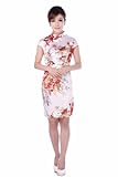 JTC Women's White Short Silk Cheongsam Dress Cup Sleeve One-piece Costume 1pc