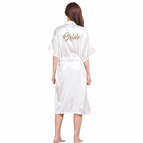 Amzchoice Women's Long Satin Kimono Wedding Party Getting Ready Robe With Gold Glitter (White, S) - Thumbnail 5