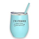 I'm A Teacher, What's Your Superpower? - 12 oz Mint Stainless Steel Vacuum Insulated Wine Tumbler with Lid and Straw (ENGRAVED) - Funny Teacher Birthday Christmas Gift
