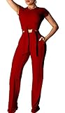 Womens Sexy Elegant Jumpsuit - Ribbed Bodycon Front Knot Tie Crop Top Loose Long Pants 2 Piece Outfit Set with Pockets