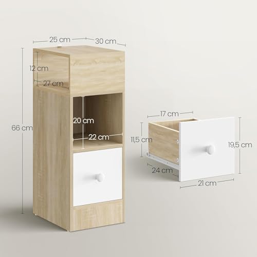 EUGAD 2X Mesas de cabeceira com 2 compartimentos e 1 gaveta, 25x30x66 cm, Mesa de cabeceira para quarto estreita, estilo moderno, Mesa lateral alta de madeira, Carvalho claro, 0192ZZ-2