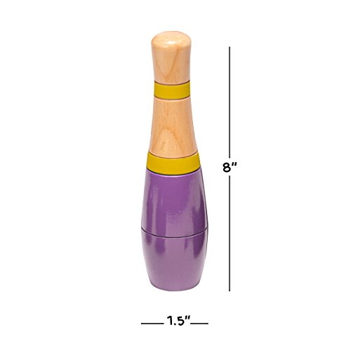Hey!Play! Lawn Bowling Game/Skittle Ball- Indoor/Outdoor Fun for Kids, Adults -10 Wooden Pins, 2 Balls, and Mesh Bag Set, 8 Inch, Purple/Yellow