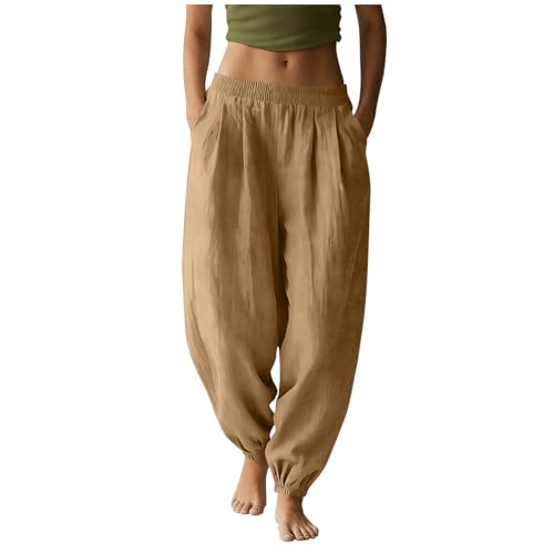 LIKEOULI Womens Linen Pants Elastic Waist Linen Cotton Blend Pants Casual Summer Harem Loose Trousers with Pockets