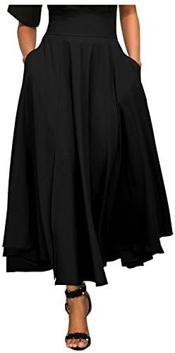 Kumer Women's High Waist Long Skirt Pleated A Line Swing Skirt Front Slit Belted Maxi Skirt, Black, Medium