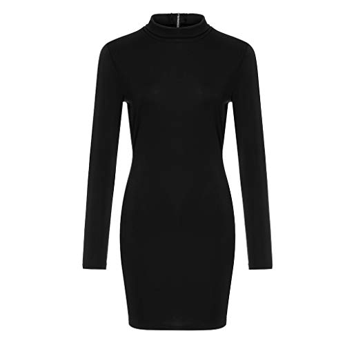 Women's Turtleneck Autumn and Winter Bodycon Tight Slim Mini Dress with Zipper (Black, L)