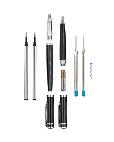 Jofelo Luxury Metal Pen Set Black Silver | Smooth & Elegant Executive Ballpoint Rollerball Writing Pens & Refills | Signature Weight & Balance | Best Fancy Gift for Professional Writers, Men Women
