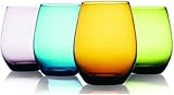 Attractive Set of Four (4) Unique Colored Stemless Wine Glasses 16-oz ~ Party Drinking Glassware Set
