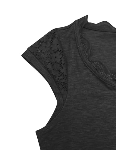 FANWAY&EC WOMEN’S CASUAL SHORT CAP SLEEVE LACE TRIM T SHIRT SEXY SLIM FIT SOLID TEE SUMMER TOPS CHARCOAL