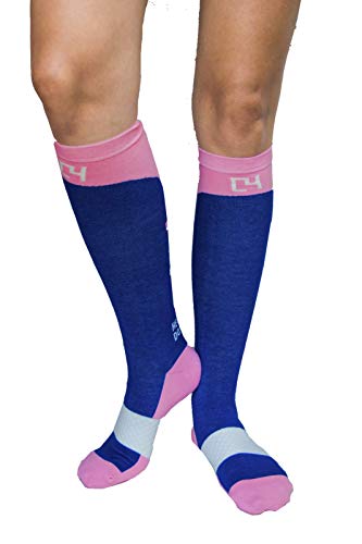 C4 Equestrian Horse Riding & Tall Boot Over the Calf Knee High Socks for Women, Fits size 612 , Navy & Pink