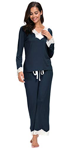Jusfitsu Womens Cotton Pajamas Set Long Sleeve Top Shirt with Pants Sleepwear Modal Soft Loungewear Lace Navy Blue M