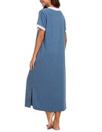 AVIIER Camisón largo para dama con bolsillos, cuello en V, manga corta, ropa de dormir S-XXL