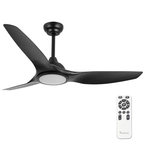Fanliving 52 Inch 6 Speed High CFM Quiet DC Motor Modern Ceiling Fan with Lights Remote Control, Indoor 3 Blade Black Ceiling Fan for Bedroom Living Room