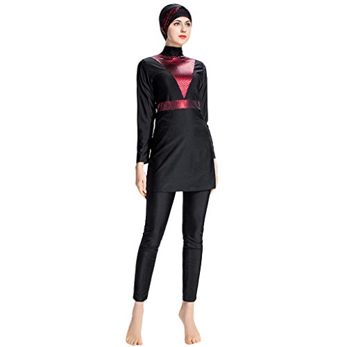 Women Plus Size Swimwear, Lady Solid Color Swimsuit Muslim Bathing Suit With Cap Beachwear Hight Neck Wetsuit