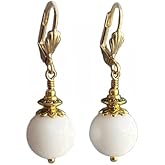 White Round Alabaster Earrings for women Round Dangles Jewelry Gold Plated Leverbacks in Gift Box