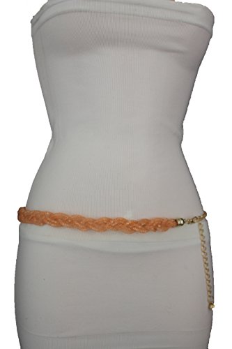 TFJ Women Fashion Belt Hip High Waist Long Braided Beads S M L Peach orange