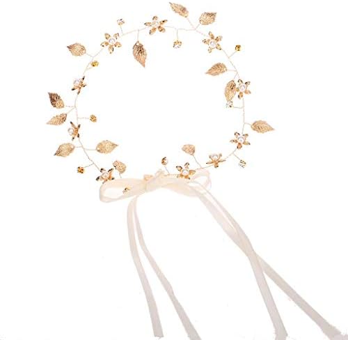 Fendiy Ladies Romantic Gold Leaves Flower Headband, Wedding Bridal- Imitation Pearl Rhinestone Hair Hoop- Lace Up Ribbon Crown