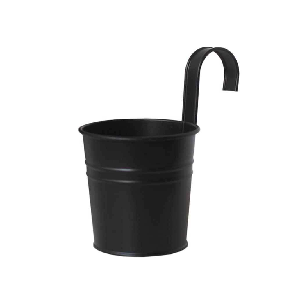 FSSTUD 4 Pcs Black Metal Fence Planters Hanging Flower Bucket Pots Balcony Planters Garden Railing Planters Garden Decorations with Detachable Hooks