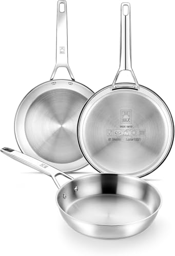 Signature | Lot de 3 poêles en acier inoxydable 18/10 professionnel sans revêtement antiadhésif, triple fond diffuseur, tous feux dont induction, finition polie brillante, 20-24-26 cm
