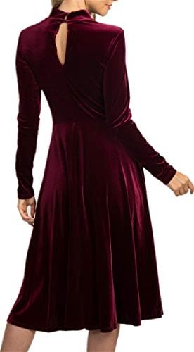 Womens Vintage High Waist Velvet Dresses Long Sleeves High Neck Pleated Slim Midi Dress