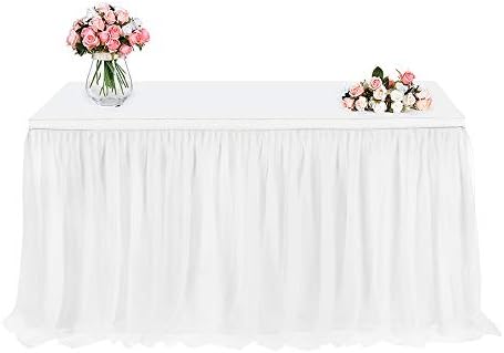 Tulle Table Skirt, FAMIROSA Tutu Tablecloth Skirting for Rectangle or Round Tables for Party, Wedding, Banquet, Baby Shower Christmas, Home Decoration (L4(ft) H30in, White)
