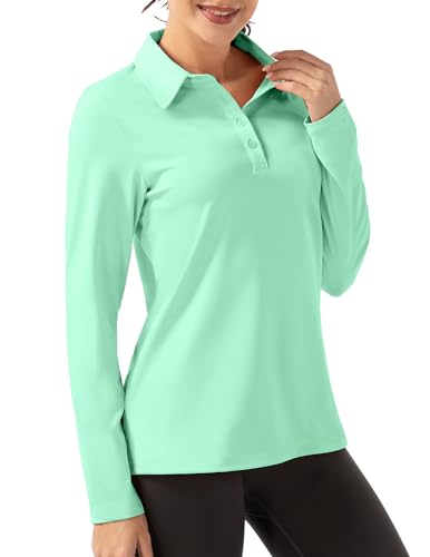 FKEEP Women Long Sleeve Polo Shirt Golf Sport Top Athletic Sportswear Tennis Activewear (Mint Green, XXL)