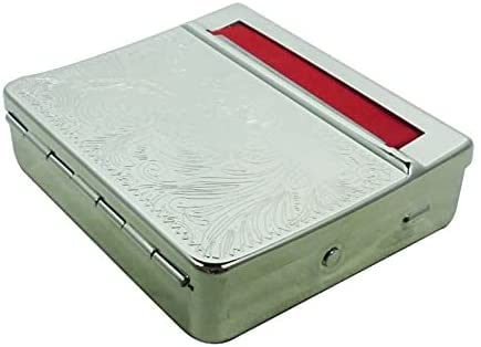 Rolling King Cigarette Roller Machine Automatic Box, Embossed Silver Automatic Tobacco Rolling Machine, Roll Your Own Cigarette Machine for Rolling Papers and Filter Tips, Tobacco Tin RB5