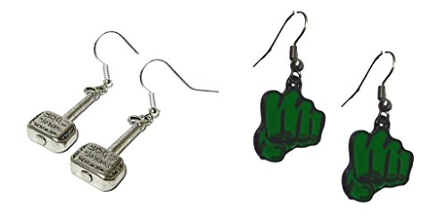 Thor Hammer With Writing and Green Hulk Fist Dangle Earrings w/Gift Box