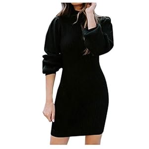KI-8jcuD Modieuze trui-jurk voor dames, nauwsluitende jurk, rolkraag, trui, jurk met lange mouwen, gebreide jurk, trui…