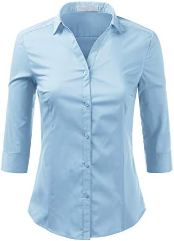 Foryous Women Button Down Shirt 3/4 Sleeve Blouses Slim Fit Plus Size
