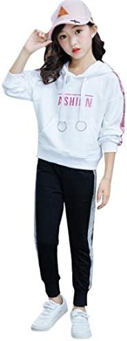 Pugrwei 子供服 女の子 可愛い ジャージ セットアップ 混紡 2点セット パーカー ロングパンツ スウェット 英文字 長袖 フード付き ガールズ 洋服 秋冬 カジュアル スポーツ風 着回し 部屋着 通学 運動会 おしゃれ プレゼント 110 150