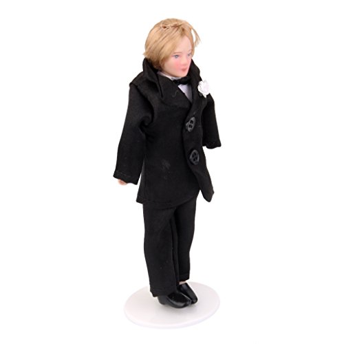Dolls House Miniature Porcelain People Groom Man in Black Suit with Stand