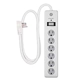GE 6 Outlet Surge Protector, 4 Ft Extension Cord, Power Strip, 800 Joules, Flat Plug, Twist-To-Close Safety Covers, White, 33658