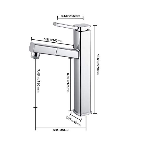 KAIYING Pull Down Bathroom Sink Faucet, Modern Lavatory Vessel Sink Faucet, Utility Single Hole Kitchen Sink Faucet with Pull Out Sprayer, Commercial Basin Mixer Tap, Brass (Tall, Chrome)