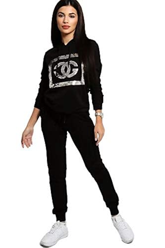 Womens Lounge Wear CG Sequin Slogan Tracksuit Hooded Top Trouser