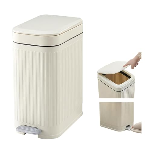 Orchid M® 10L Bathroom Trash Can with Lid, Press-Top Lid & Foot Pedal 2-in-1 Garbage Can, 2.6 Gal Plastic Wastebasket Soft Close, Dog proof, Slim Step-On Trash Bin for Kitchen/Office/Bedroom (White)