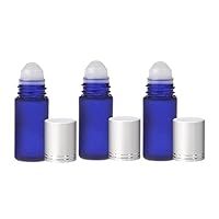 4 Pack of Frosted Blue Large 30ml Roll On Empty Glass Bottles -Essential Oils Refillable 1 Oz Glass Roller Ball Roll-On 30 ml Cobalt Blue Glass w/ Upscale Matte Silver Aluminum Caps by Grand Parfums