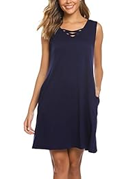 Barnkas - Vestido de verano para mujer, informal, con cuello en V, con cordones, cruzado, con bolsillos