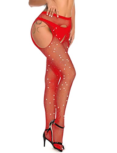 ADOVE Women's Sexy Sparkle Rhinestone Stockings High Waist Suspender Tights Fishnet Pantyhose