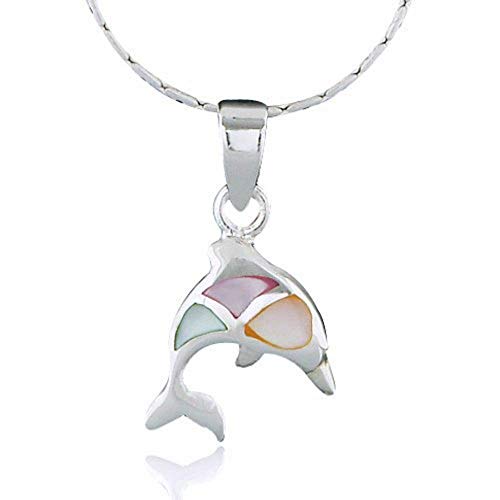Chuvora 925 Sterling Silver Multi-Colored Mother of Pearl Shell Jumping Dolphin Pendant Necklace, 18 inches