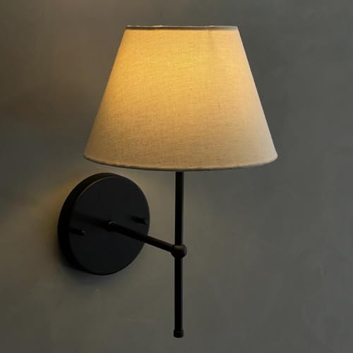Arandela luminaria de Parede Preta de aluminio Com Cúpula algodão Bege Ref 19