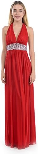 TwinMod Crystal Embellished Halter Top Long Prom Bridesmaid Dress (8, RED)