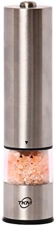 TKM Electric Pepper Grinder with Light or Salt Mill (1 Pack) | Battery Operated | Premium Stainless Steel | Automatic One Handed Button | Adjustable Coarseness | 100% Warranty