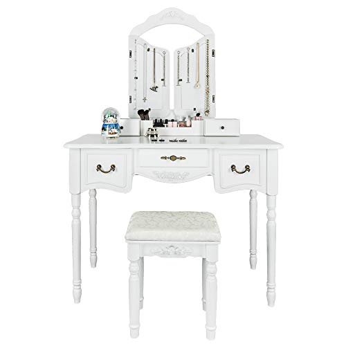 Modern Vanity Table Set with 5 Drawers Large Makeup Vanity Table with Tri-Folding Mirror&Cushioned Stool Bedroom Dressing Makeup Table (White) - Thumbnail 2
